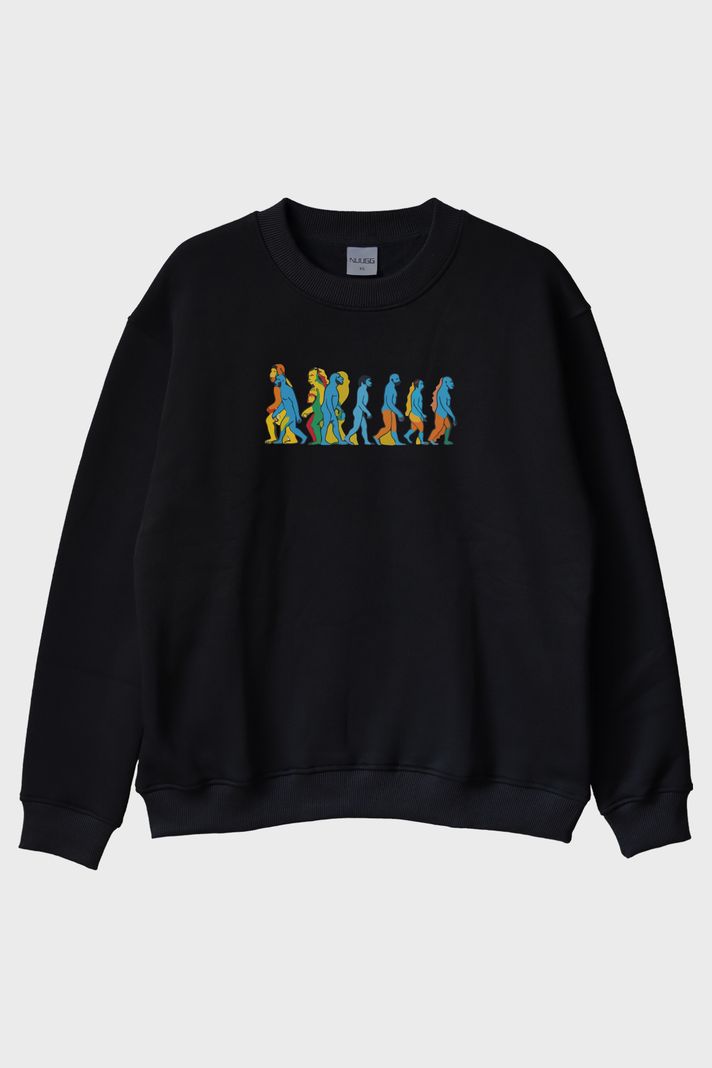 Evrim Zinciri Baskılı Canlı Tasarım Siyah Bisiklet Yaka Sweatshirt ön görsel