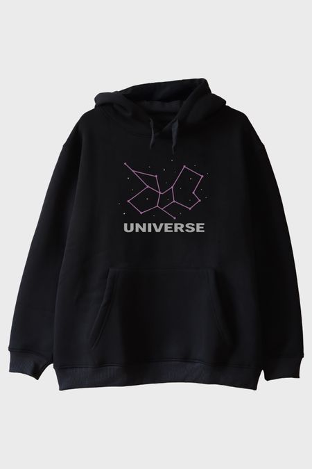 Kozmik Yıldız Desenli Siyah Hoodie