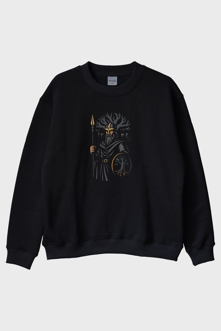 Odin Figürlü Siyah Bisiklet Yaka Sweatshirt ön görsel