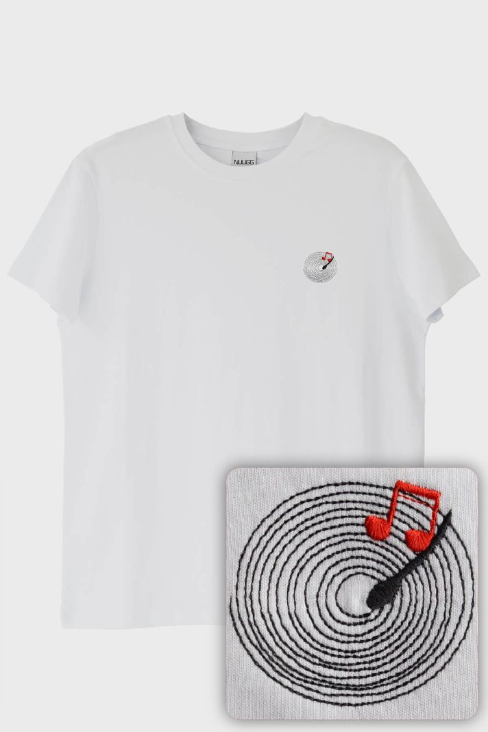Plak Desenli Nakış Müzik T-Shirt ön görsel