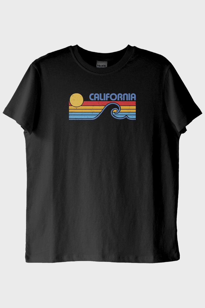 California Retro Dalga Baskılı Tasarım Siyah Tişört ön görsel