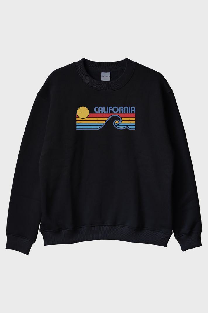 California Retro Dalga Baskılı Tasarım Siyah Bisiklet Yaka Sweatshirt ön görsel