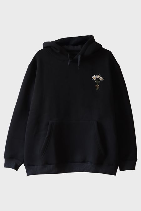 Papatya Desenli Siyah Hoodie
