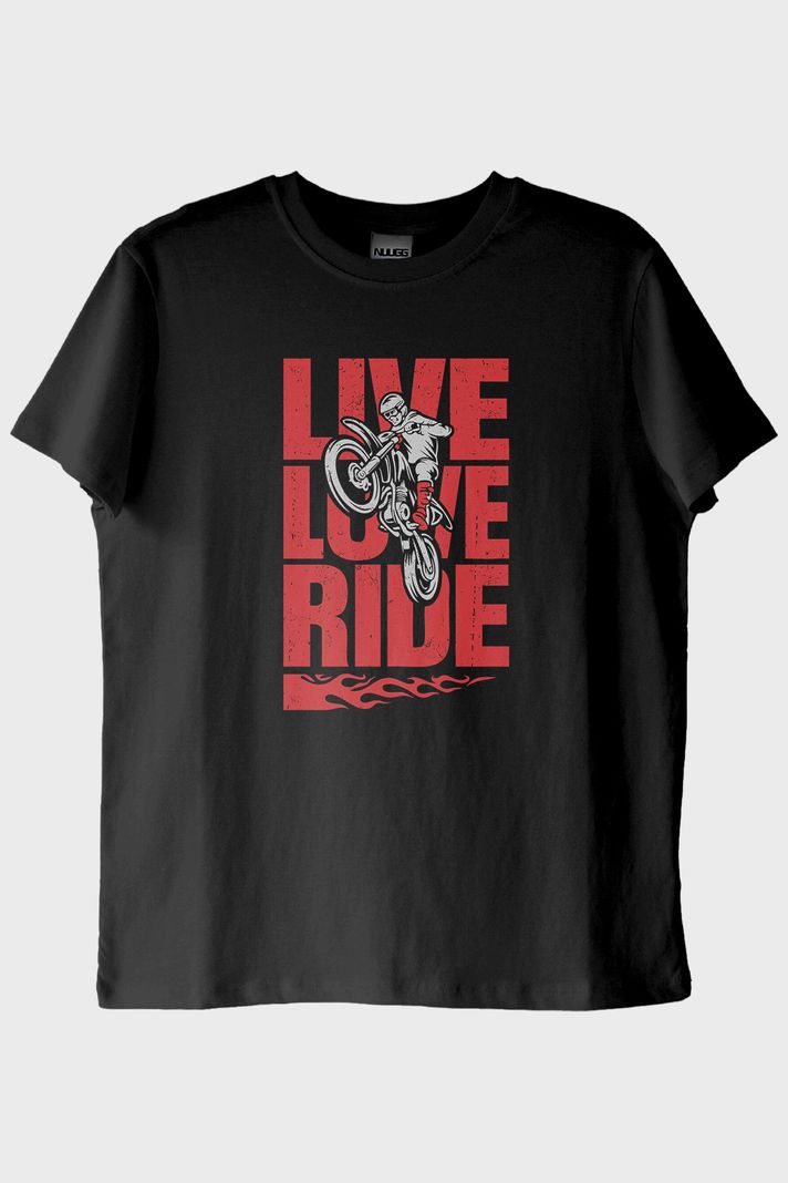 Live Love Ride Baskılı Motosiklet Siyah Tişört ön görsel