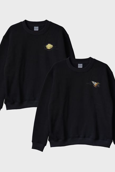 Roket ve Asteroit Siyah Bisiklet Yaka Sweatshirt