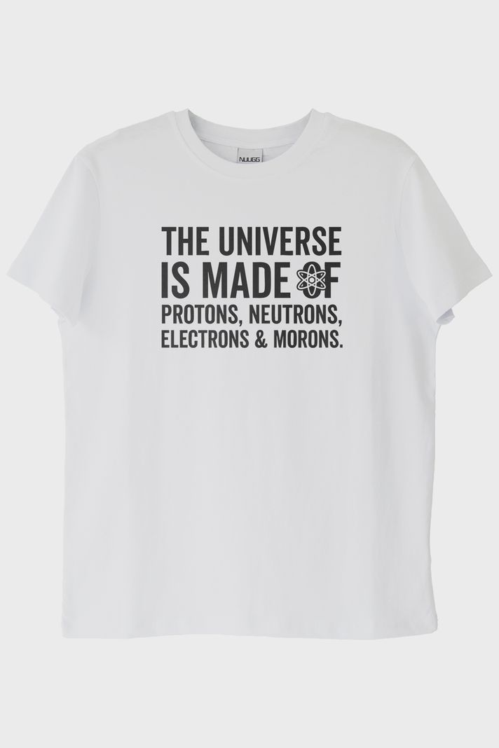 The Universe Is Made Of Protonlar Elektronlar Baskılı Beyaz T-Shirt ön görsel