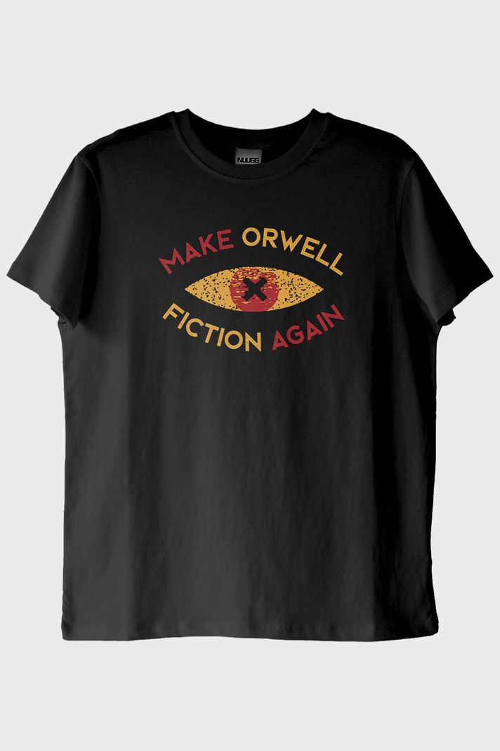 Distopya İlhamlı 'Make Orwell Fiction Again' Minimalist Siyah Tişört ön görsel