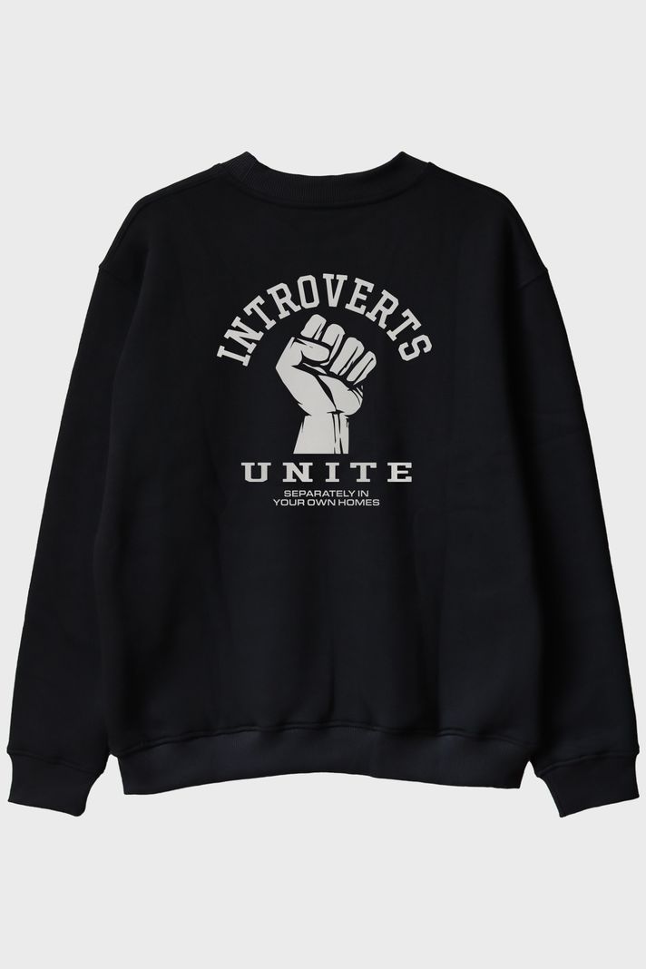 Introverts Unite Baskılı Mizahi Siyah Bisiklet Yaka Sweatshirt arka görsel