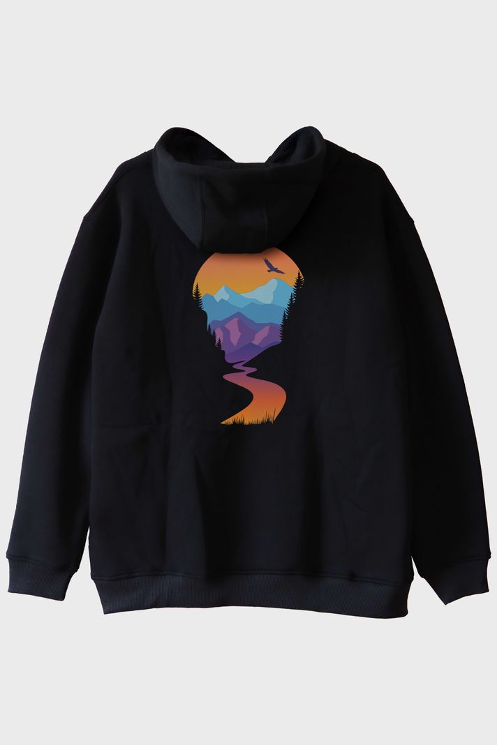 Montain Baskılı Doğal Manzara Tasarım Siyah Hoodie arka görsel