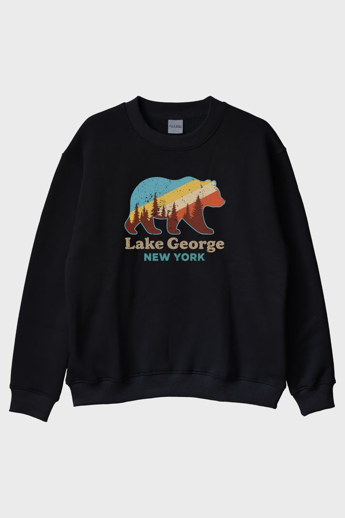 Lake George New York Ayı Siluetli Baskılı Siyah Bisiklet Yaka Sweatshirt ön görsel