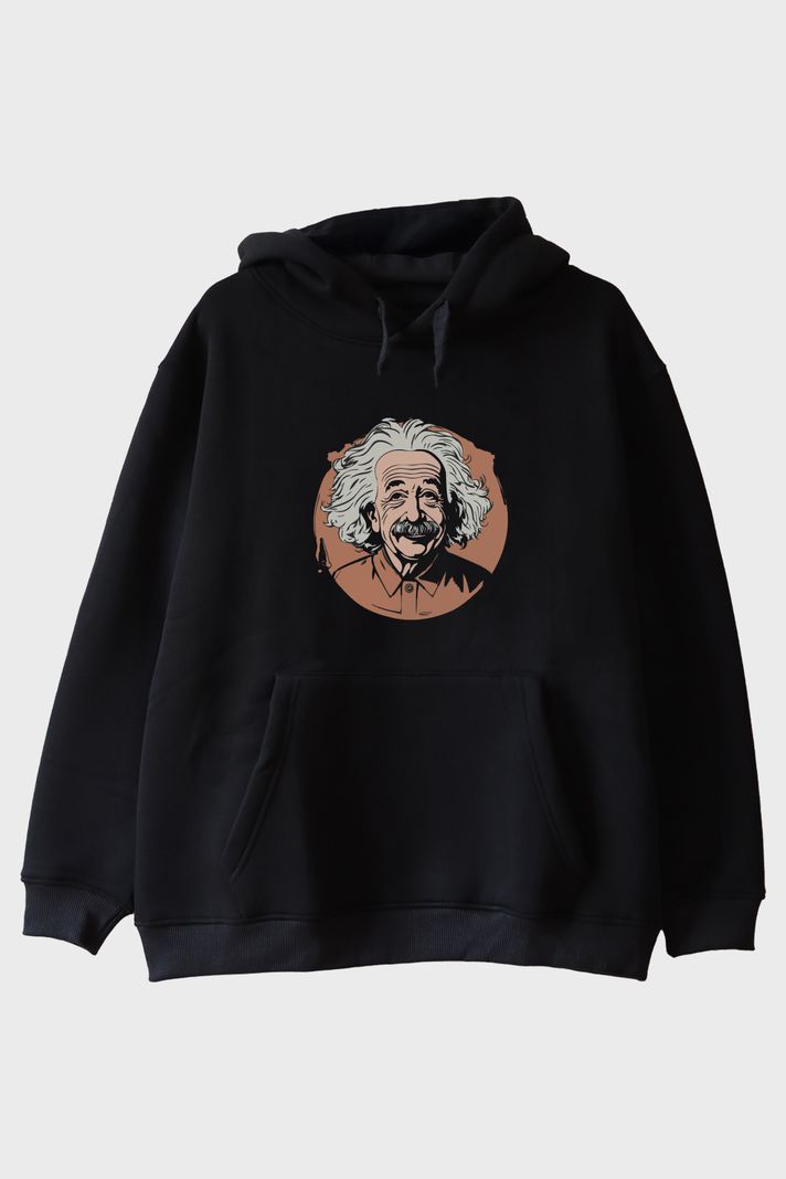 Albert Einstein Portre Baskılı Tasarım Siyah Hoodie ön görsel