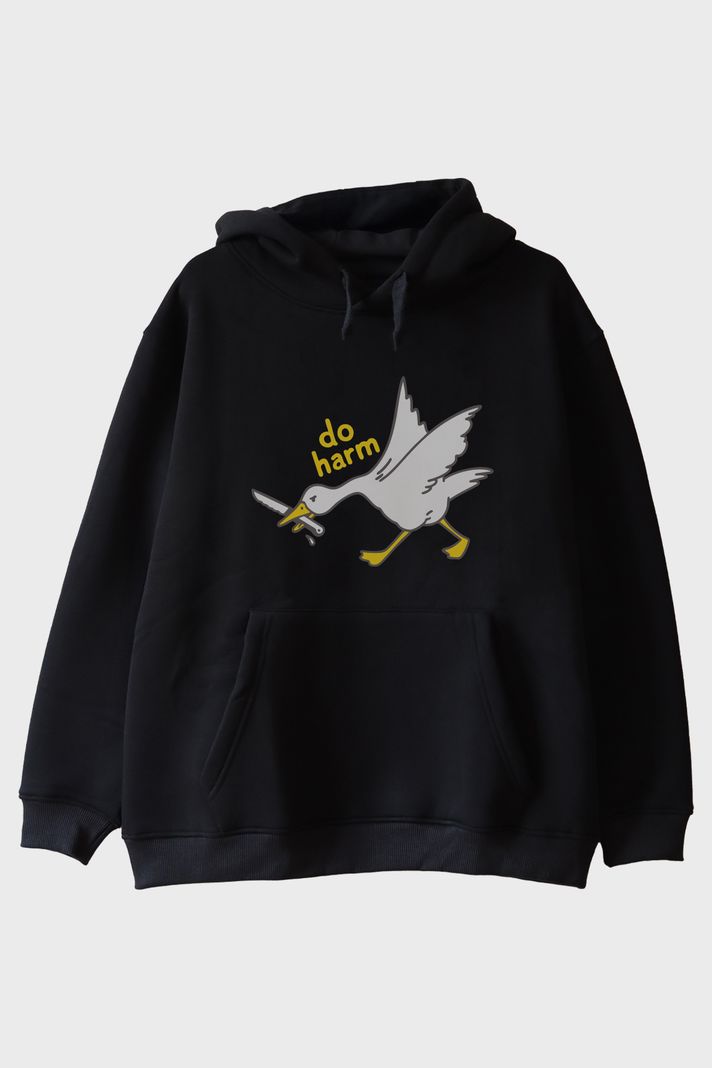 Do Harm Konseptli Kaz Baskılı Siyah Hoodie ön görsel