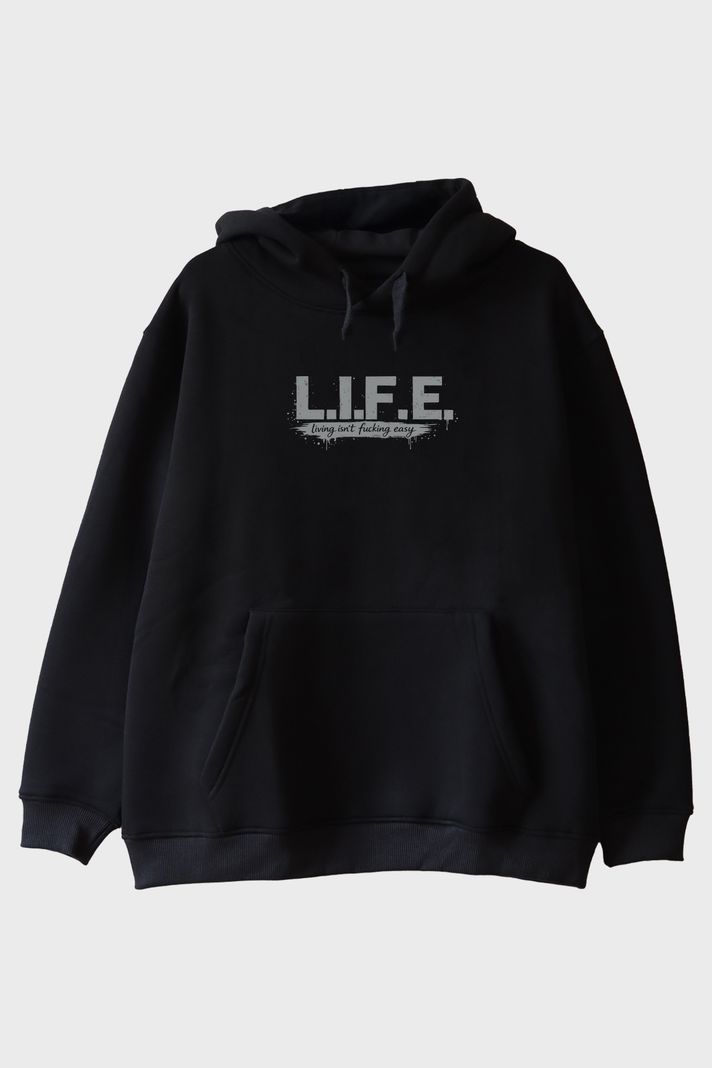 Life Mizahi Siyah Hoodie ön görsel