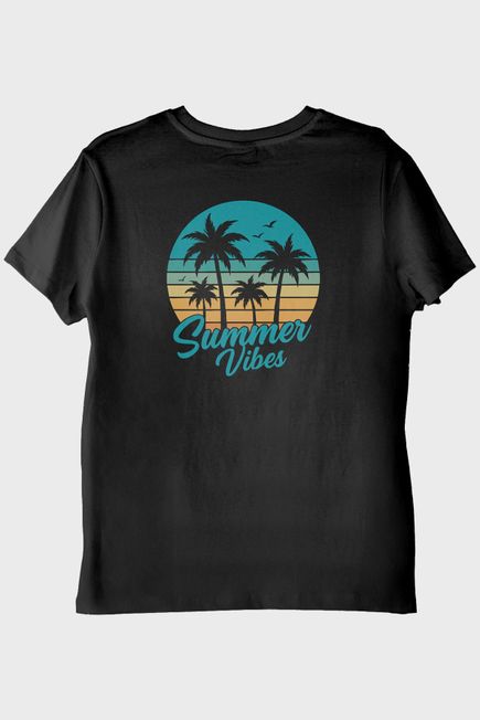 Summer Vibes Baskılı Tropik Plaj Tasarımlı Siyah Tişört