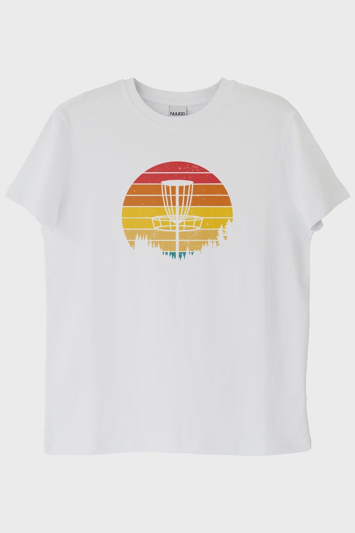 Retro Güneş Batışı Tasarımlı Disk Golf Sepetli Beyaz Tişört ön görsel