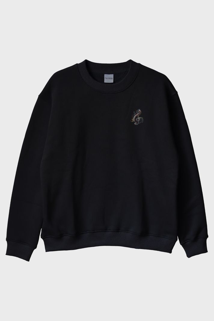 Siyah Sol Anahtarı Renkli Nakış Müzik Bisiklet Yaka Sweatshirt ön görsel