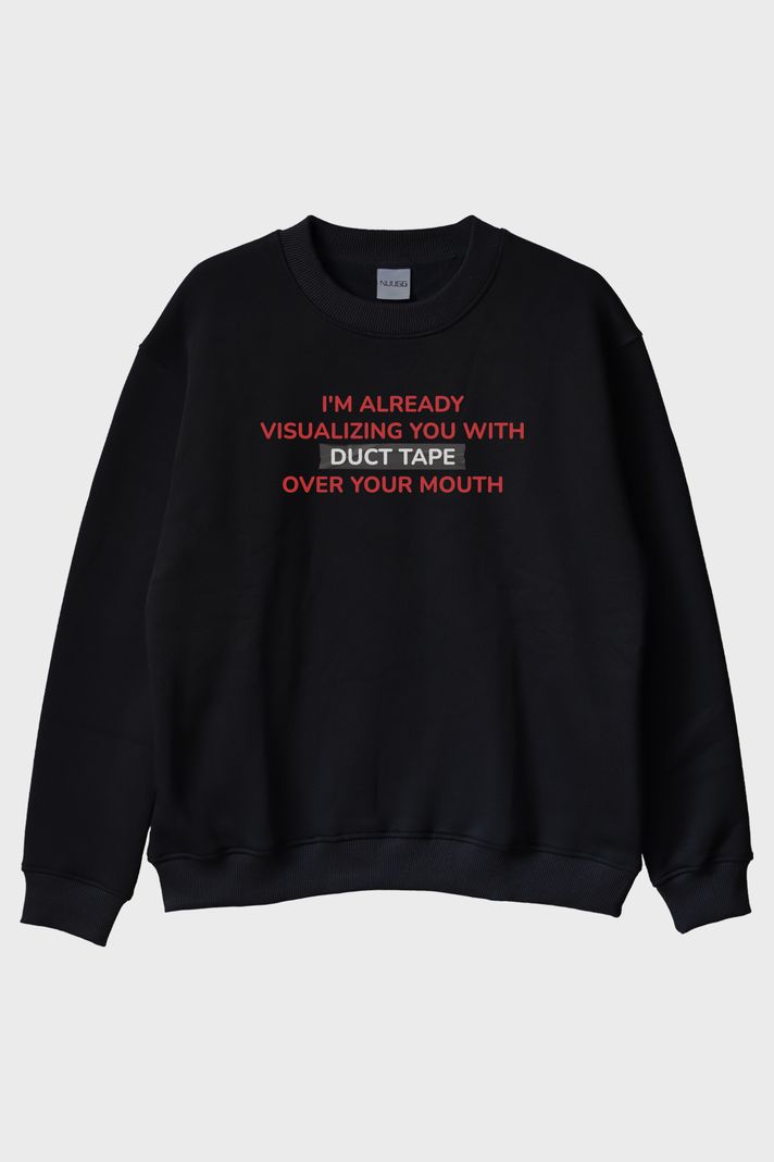 Duct Tape Baskılı Mizahi Siyah Bisiklet Yaka Sweatshirt ön görsel