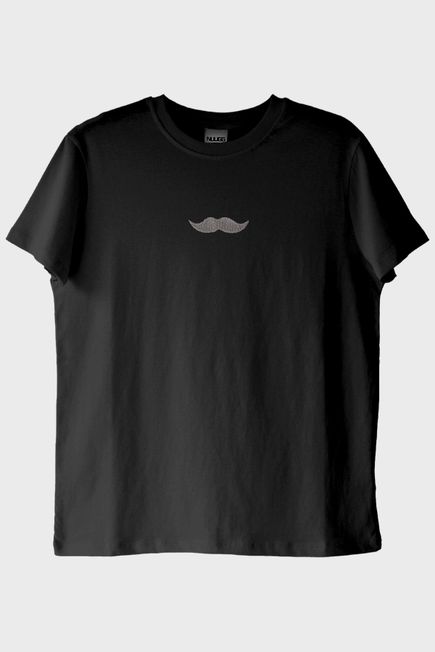 Bıyık Desenli Nakış Siyah T-Shirt - Sevgililer Günü Çift Tişörtleri