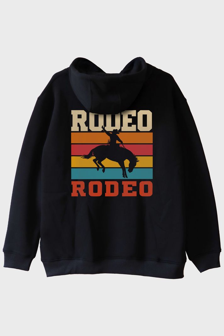 Rodeo Retro Vintage Baskılı Siyah Hoodie arka görsel