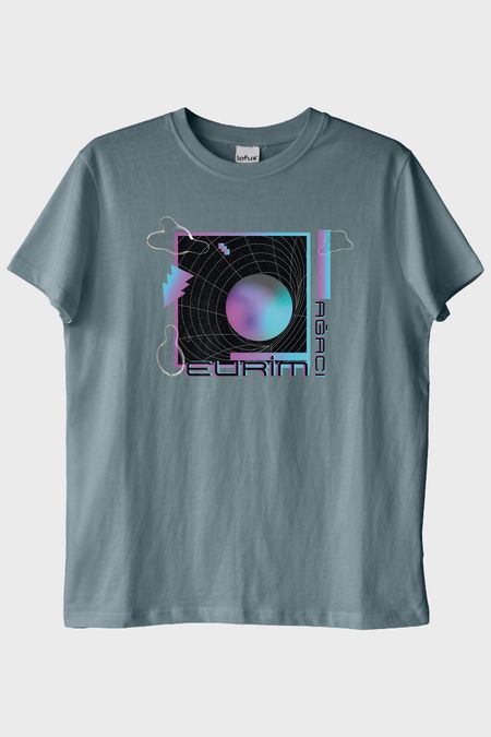 Evrim Ağacı Retro Geometrik Desenli Baskılı Mavi Tişört