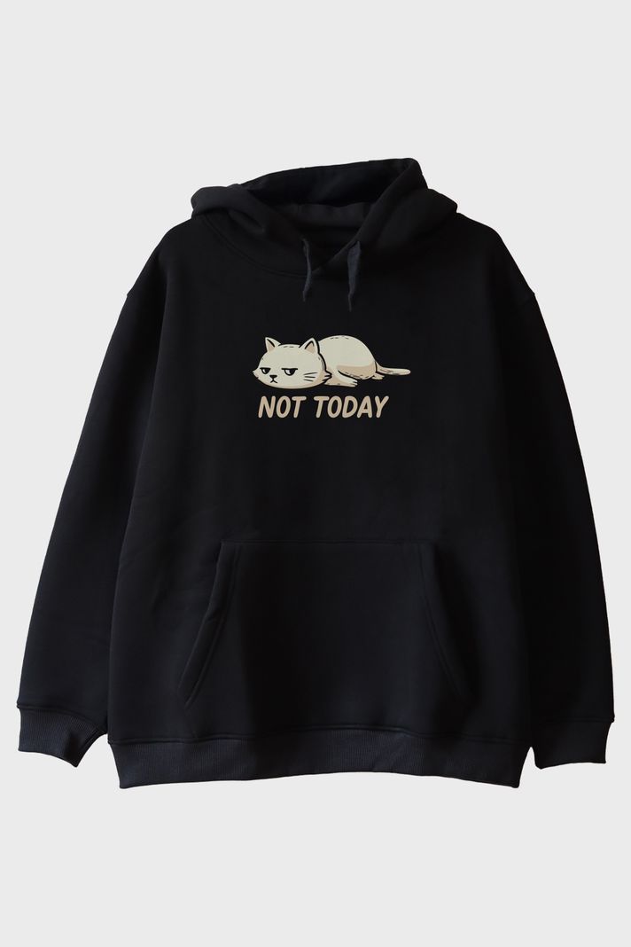 Yorgun Kedi Mizahi Not Today Siyah Hoodie ön görsel
