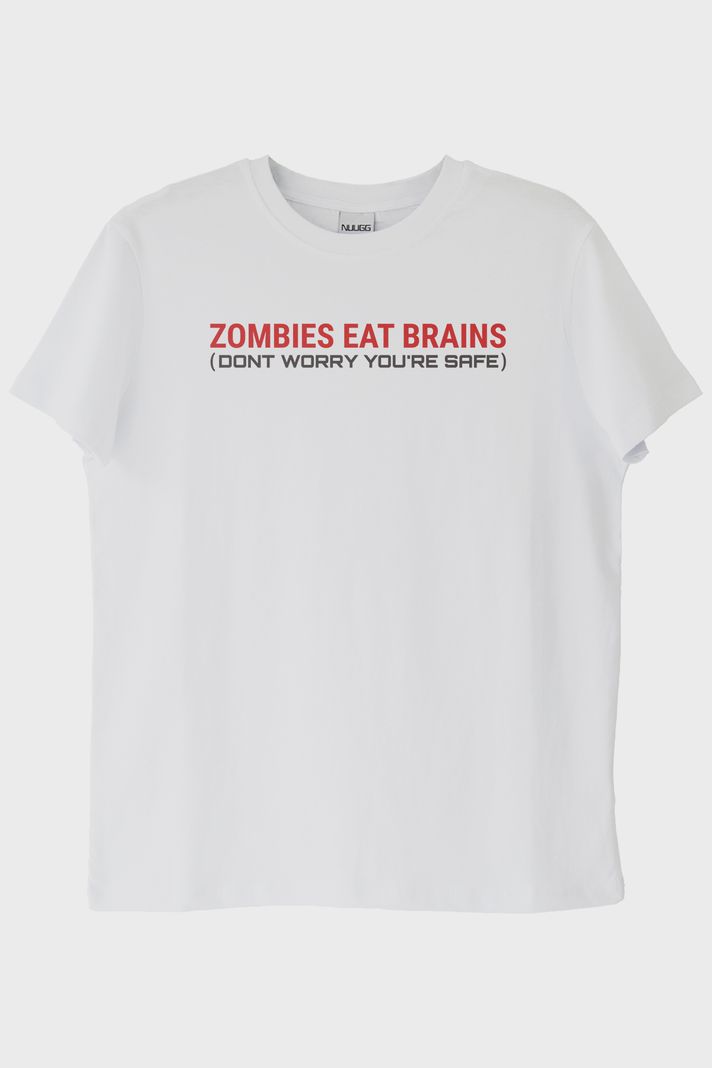 Zombies Eat Brains Baskılı Beyaz Tişört ön görsel