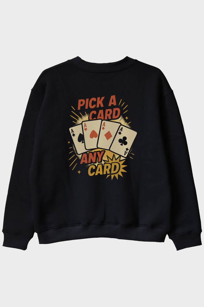Kart Seç Desenli Siyah Bisiklet Yaka Sweatshirt - 2. görsel