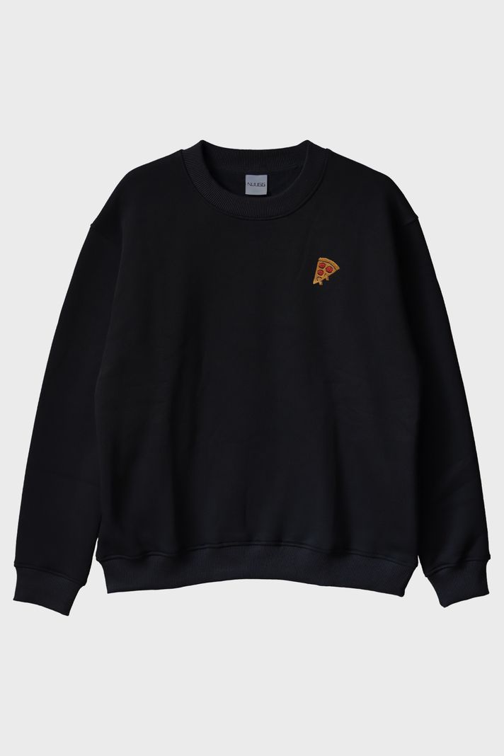 İtalyan Pizzası Nakışlı Siyah Bisiklet Yaka Sweatshirt ön görsel