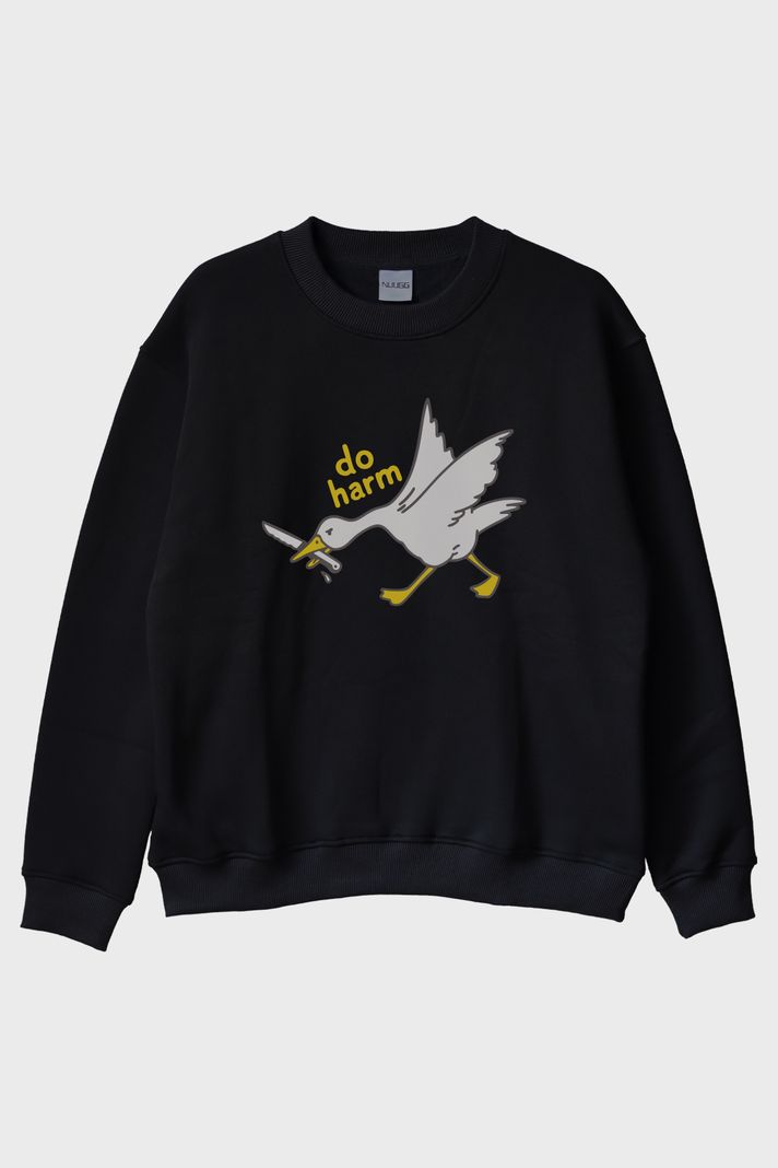 Do Harm Konseptli Kaz Baskılı Siyah Bisiklet Yaka Sweatshirt ön görsel
