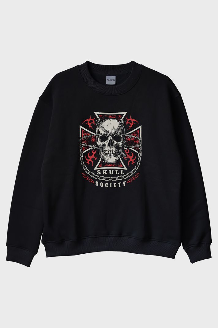 Skull Society Kafatası Tasarımlı Siyah Bisiklet Yaka Sweatshirt ön görsel