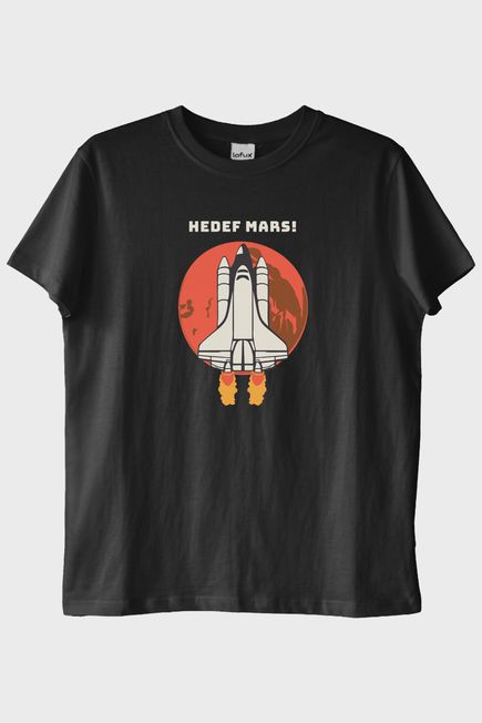 HEDEF MARS! Baskılı Uzay Temalı Siyah Tişört