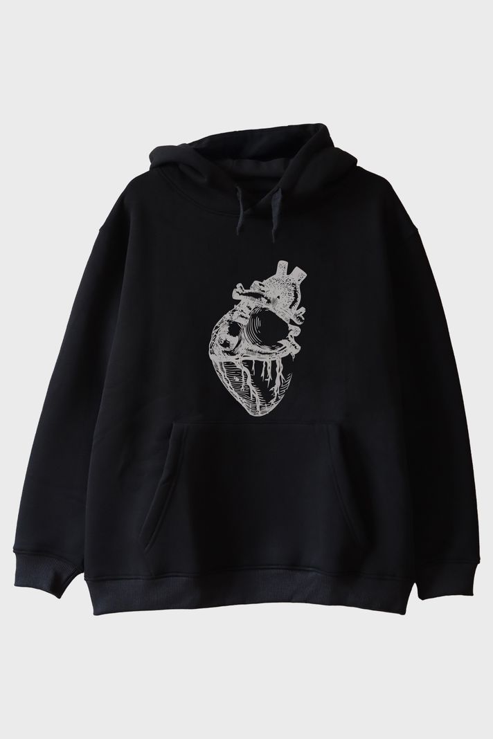 Kalp Anatomi Çizimli Minimalist Baskılı Siyah Hoodie ön görsel
