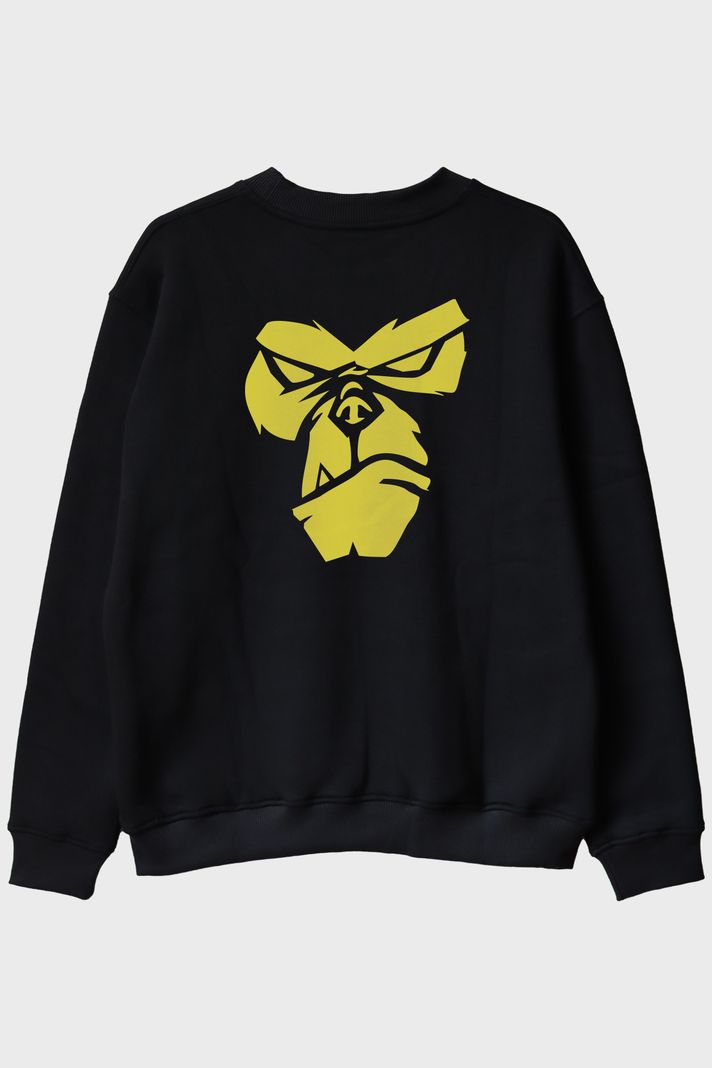 Zemin Üzerine Parlak Sarı Goril Yüzü Baskılı Siyah Bisiklet Yaka Sweatshirt arka görsel