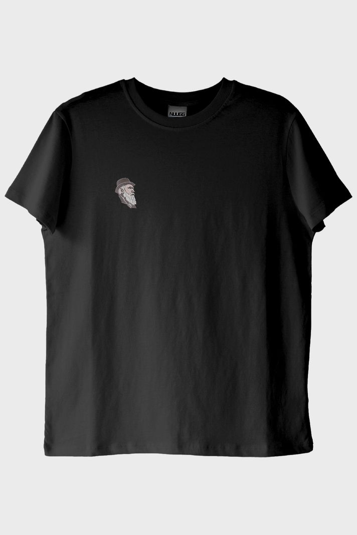 Charles Darwin Desenli Nakış Siyah T-Shirt - Evrim Ağacı Temalı ön görsel