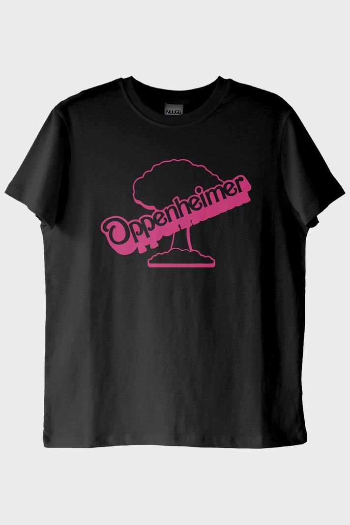 Oppenheimer & Barbie Baskılı Retro Siyah Tişört ön görsel