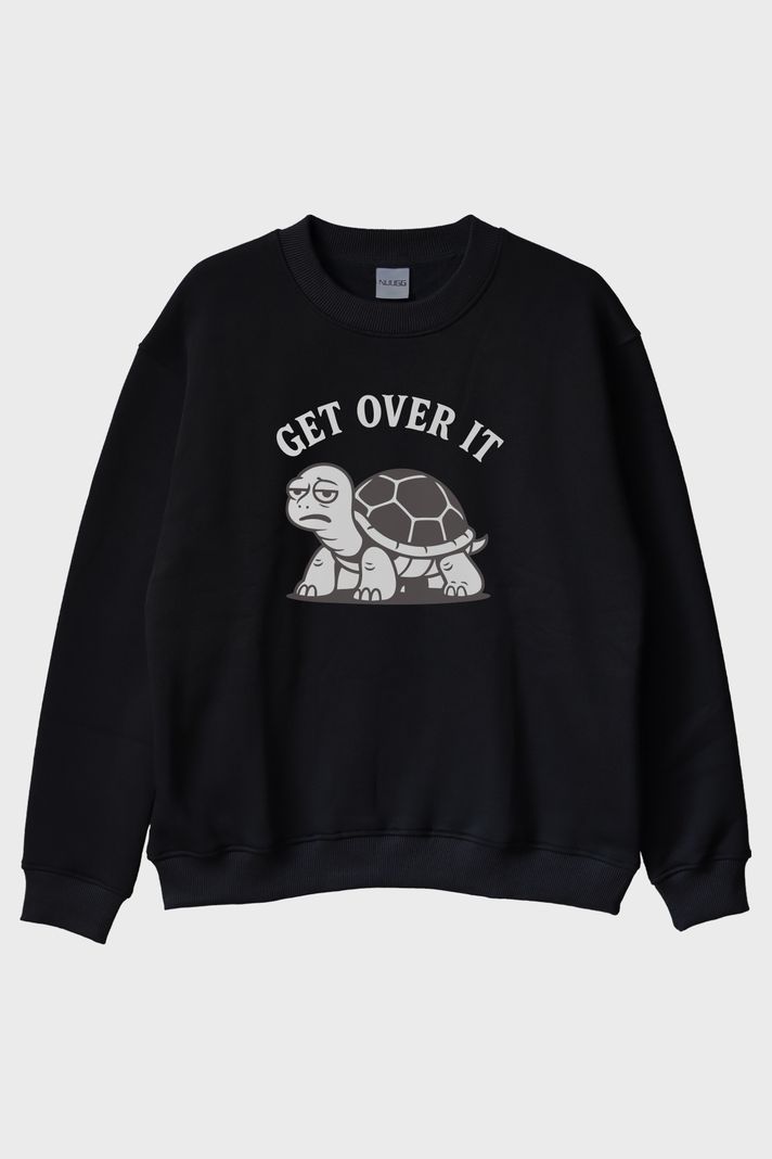 GET OVER IT Kaplumbağa Baskılı Siyah Bisiklet Yaka Sweatshirt ön görsel