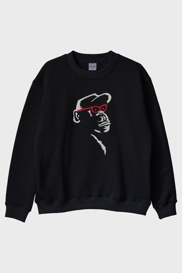 Gözlüklü Primat Minimal Tasarım Baskılı Siyah Bisiklet Yaka Sweatshirt ön görsel