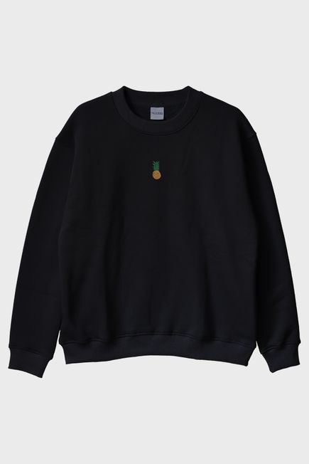 Ananas Desenli Nakış Siyah Bisiklet Yaka Sweatshirt