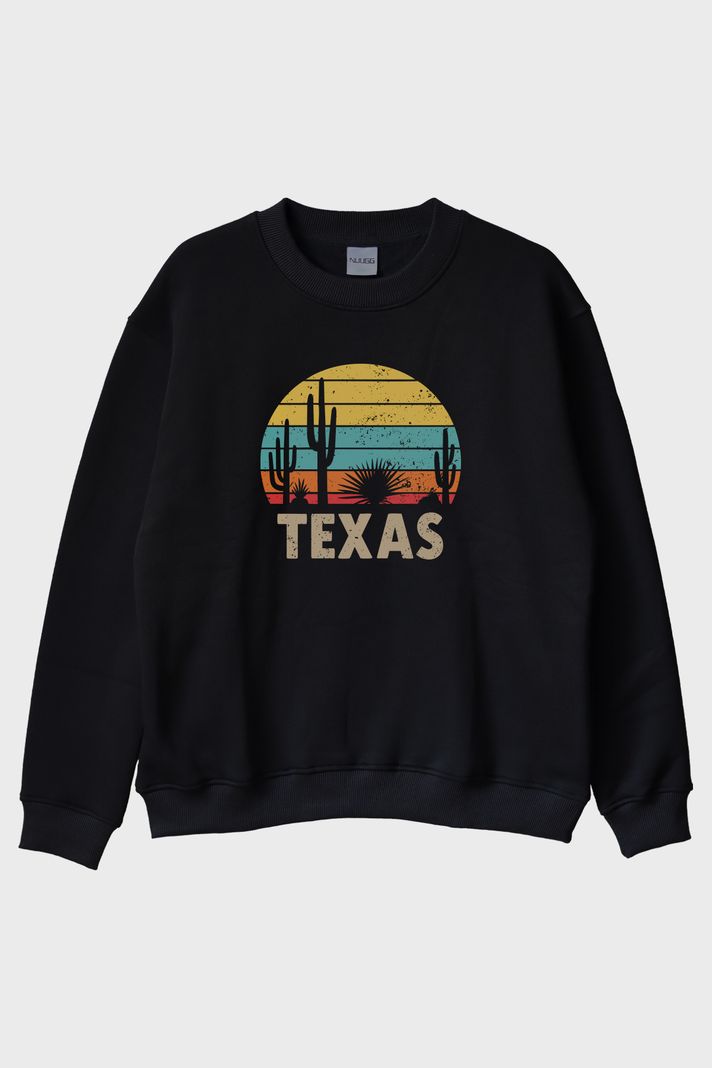 Texas Retro Doğa Baskılı Siyah Bisiklet Yaka Sweatshirt ön görsel