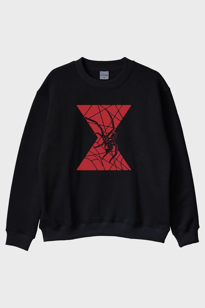 BlackWidow Kırmızı Örümcek Temalı Baskılı Siyah Bisiklet Yaka Sweatshirt ön görsel