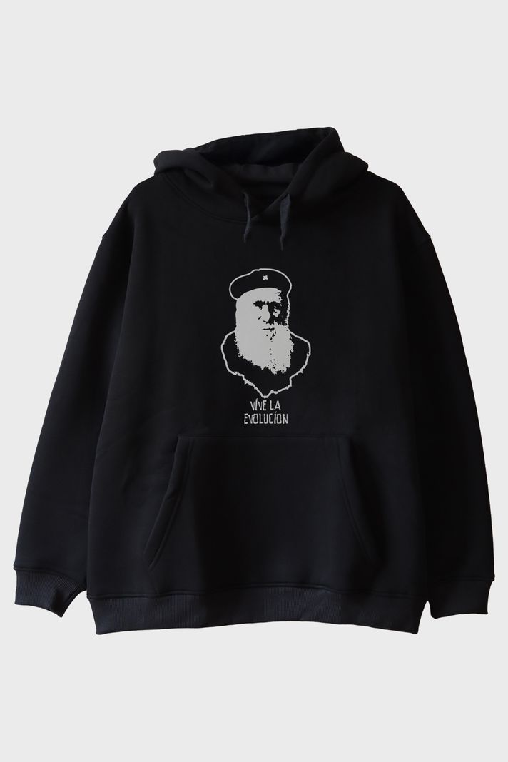 Vive La Evolución Baskılı Tarihi Figür Siyah Hoodie ön görsel