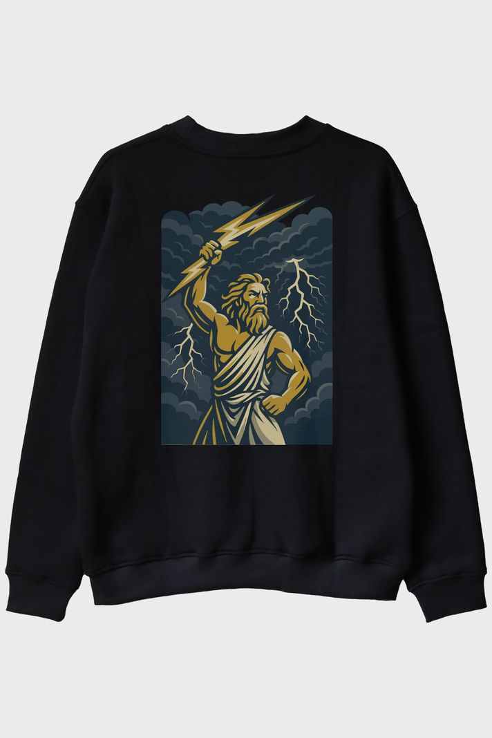 Zeus Yıldırım Gücü Siyah Bisiklet Yaka Sweatshirt ön görsel