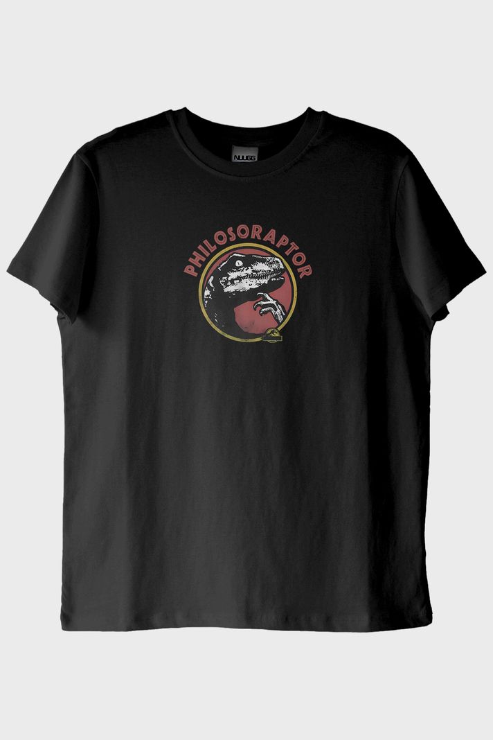 Philosoraptor Baskılı Retro Dinozor Tasarımlı Siyah Tişört ön görsel