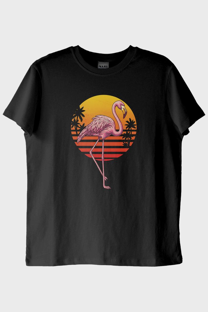 Retro Flamingo Baskılı Siyah Tişört ön görsel