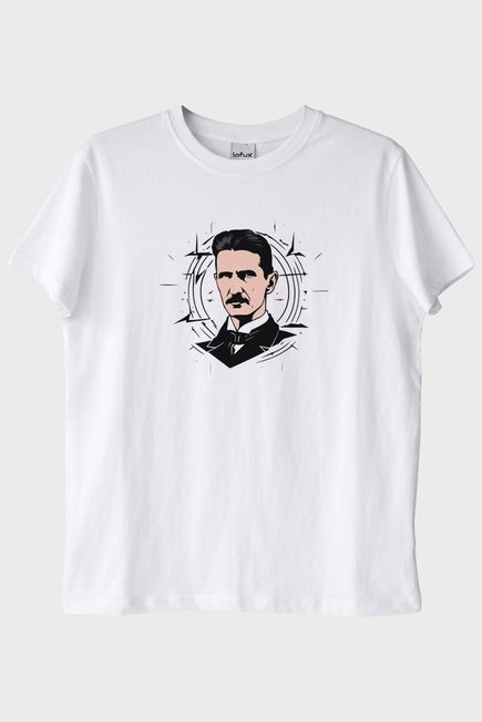 Nikola Tesla İllüstrasyon Baskılı Tasarım Beyaz Tişört