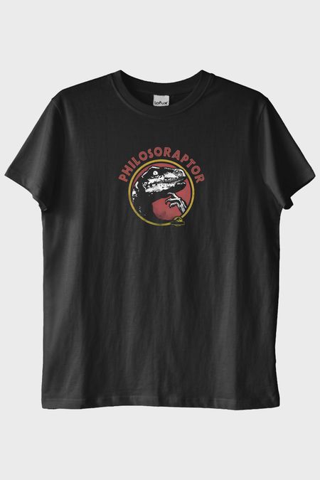 Philosoraptor Baskılı Retro Dinozor Tasarımlı Siyah Tişört