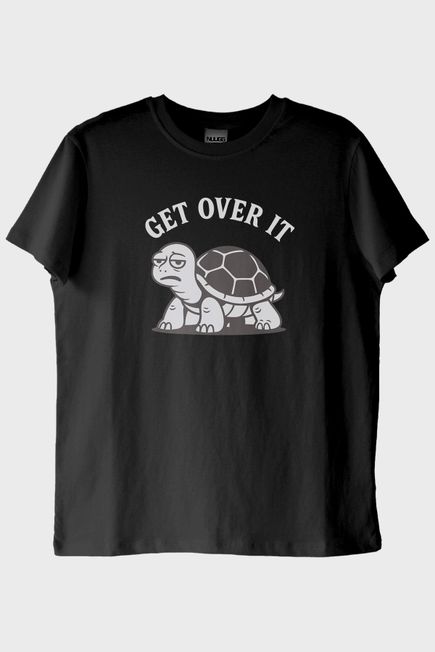 GET OVER IT Kaplumbağa Baskılı Siyah Tişört