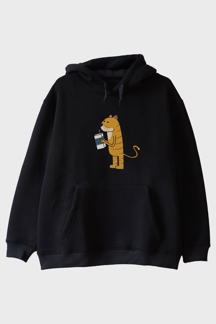 Düz Sütlü Kedi Siyah Hoodie