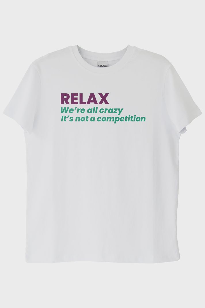 RELAX Mesajlı Minimal Baskılı Beyaz Tişört ön görsel