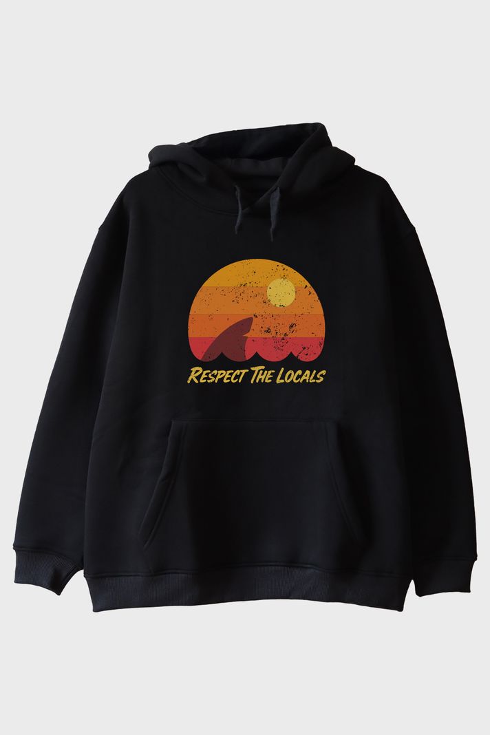 Respect The Locals Köpekbalığı Baskılı Vintage Siyah Hoodie ön görsel